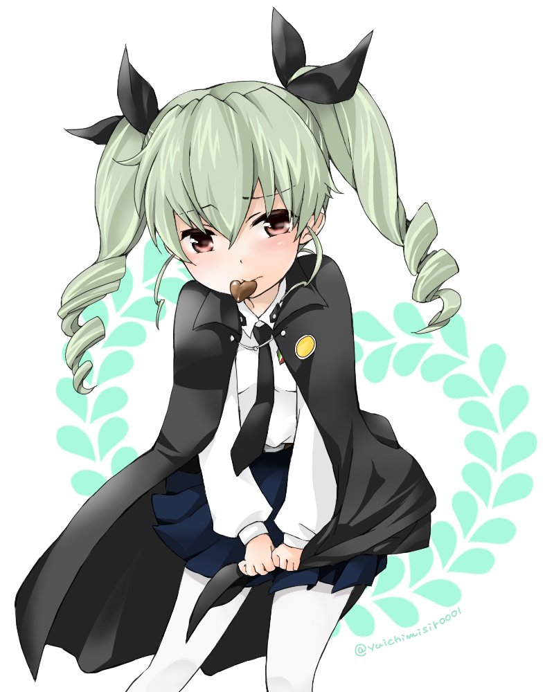 1girl anchovy_(girls_und_panzer) anzio_school_uniform bangs belt black_belt black_cape black_necktie black_ribbon black_skirt blush brown_eyes cape cape_hold chocolate closed_mouth commentary dress_shirt drill_hair food_in_mouth frown girls_und_panzer green_hair hair_ribbon leaning_forward long_hair long_sleeves looking_at_viewer miniskirt mouth_hold necktie pantyhose pleated_skirt ribbon school_uniform shirt skirt solo standing twin_drills twintails twitter_username valentine white_background white_pantyhose white_shirt wing_collar yuichimisiroool