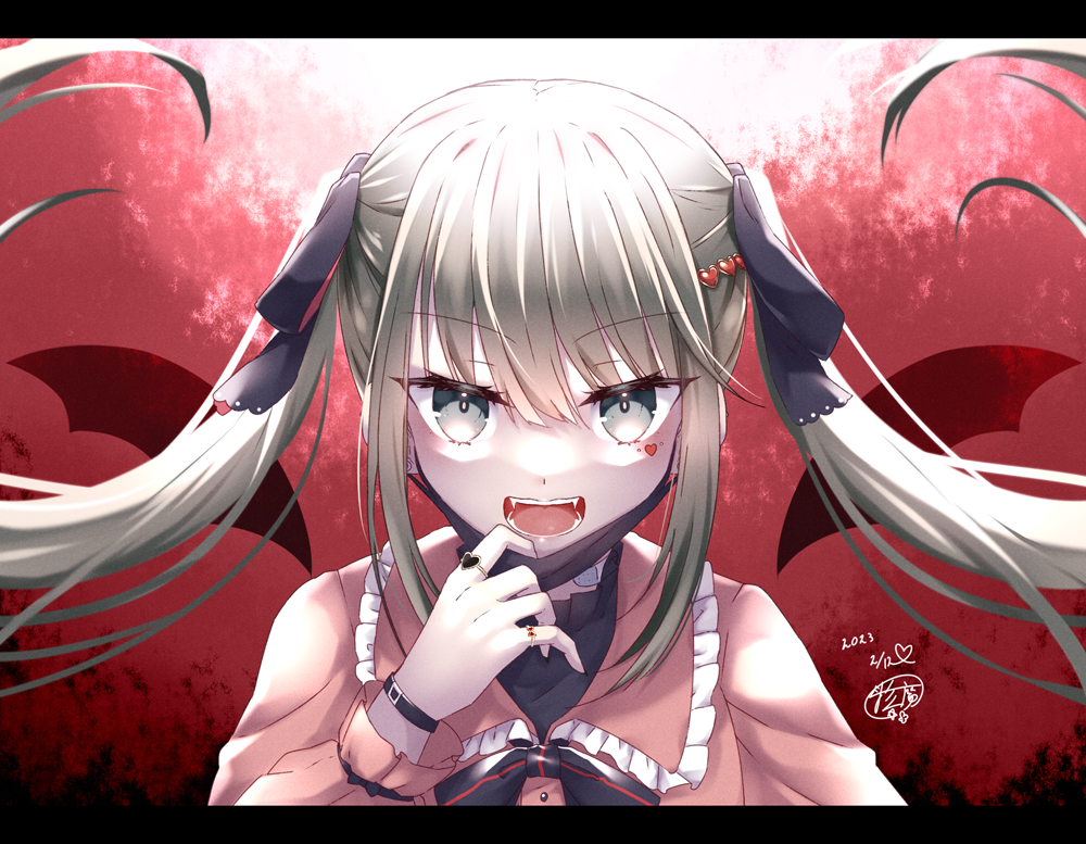 1girl :d artist_name bangs bat_wings black_ribbon black_shirt blonde_hair blouse collar collared_shirt dated fangs frilled_collar frills grey_eyes hair_between_eyes hair_ornament hair_ribbon hatsune_miku heart hoshibana_anima jewelry jirai_kei long_hair long_sleeves looking_at_viewer mask mask_pull mouth_mask open_mouth red_background ribbon ring shirt signature smile solo twintails vampire_(vocaloid) vocaloid wings yellow_shirt