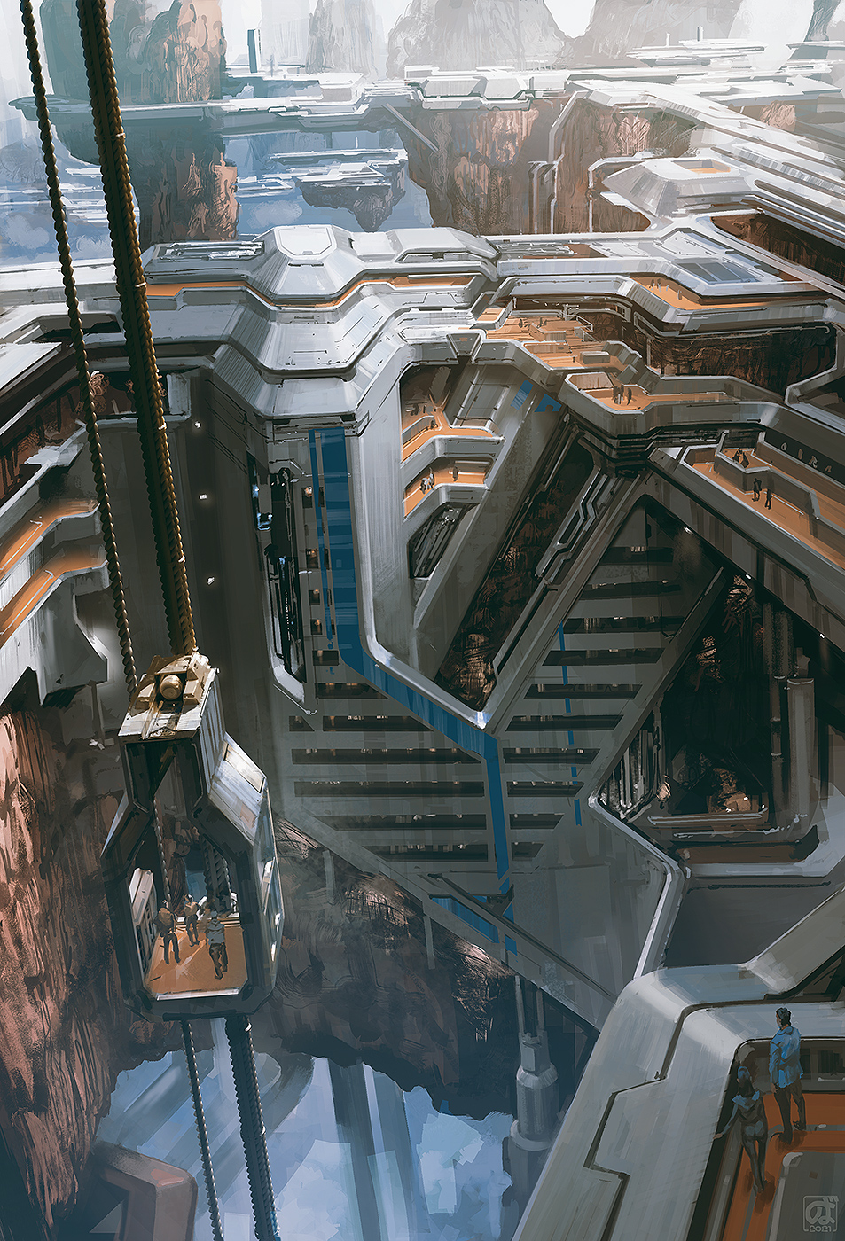 architecture balcony building city day elevator floating_island highres mixed-language_commentary noba original outdoors people scenery science_fiction