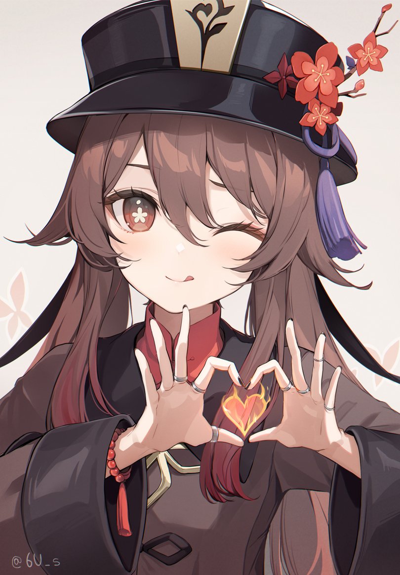 1girl 6u_(eternal_land) ;q bangs bead_bracelet beads black_headwear black_nails bracelet brown_coat brown_eyes brown_hair closed_mouth coat colored_tips commentary fire flower flower-shaped_pupils genshin_impact gradient_eyes gradient_hair grey_background hair_between_eyes hair_flaps hands_up hat hat_branch hat_flower hat_tassel heart heart_hands hu_tao_(genshin_impact) jewelry long_sleeves looking_at_viewer mandarin_collar multicolored_eyes multicolored_hair multiple_rings nail_polish one_eye_closed plum_blossoms porkpie_hat pyrokinesis red_flower red_shirt redhead ring shirt simple_background smile solo symbol-shaped_pupils tassel tongue tongue_out twintails twitter_username upper_body wide_sleeves