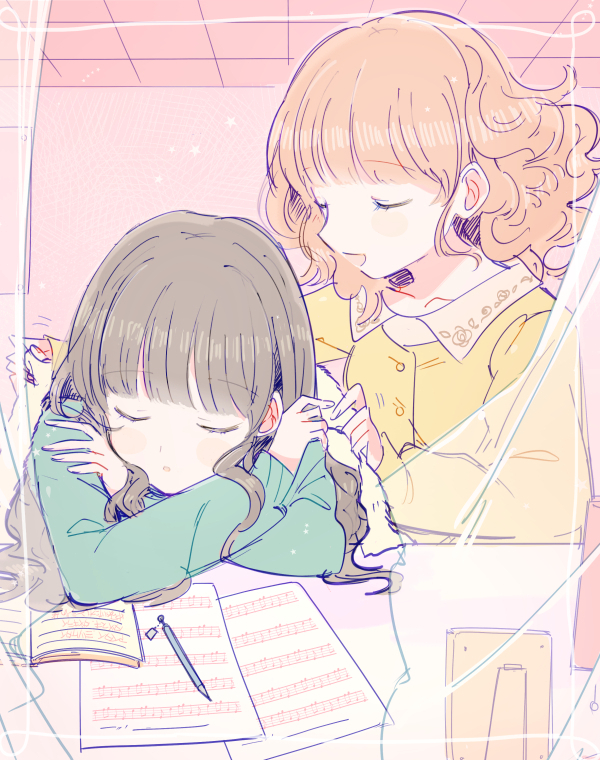 2girls bangs blanket blue_shirt blush book brown_hair closed_eyes curtains long_hair multiple_girls open_book open_mouth pen picture_frame pop'n_music rie-chan sanae-chan sgwyi sheet_music shirt short_hair sleeping yellow_shirt