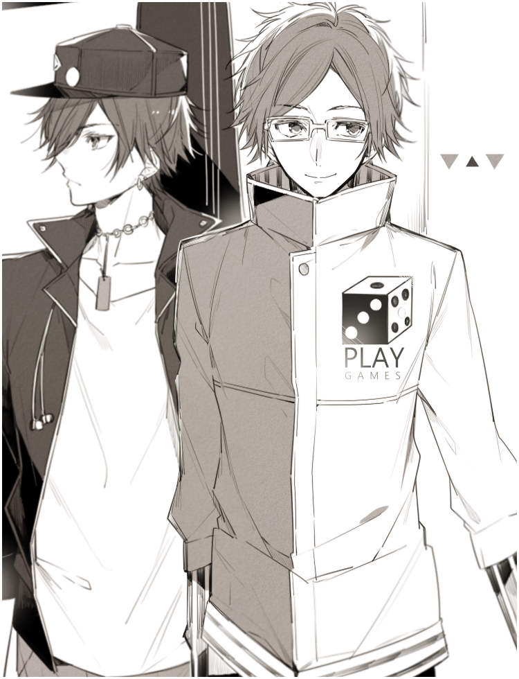 2boys 5574iahu closed_mouth collar_x_malice facing_to_the_side facing_viewer glasses greyscale hoshino_kazuki_(collar_x_malice) jacket jewelry leather leather_jacket long_sleeves looking_to_the_side male_focus monochrome multiple_boys necklace sera_akito short_hair smile