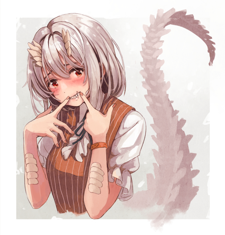 159cm 1girl black_ribbon blush brown_eyes brown_horns brown_nails brown_scales brown_vest commentary_request frilled_sleeves frills grey_background grey_hair hands_up horns index_finger_raised looking_at_viewer mail-chan_(159cm) monster_girl neck_ribbon original ribbon sharp_teeth shirt short_hair short_sleeves simple_background smile solo tail teeth upper_body vest white_shirt wristband