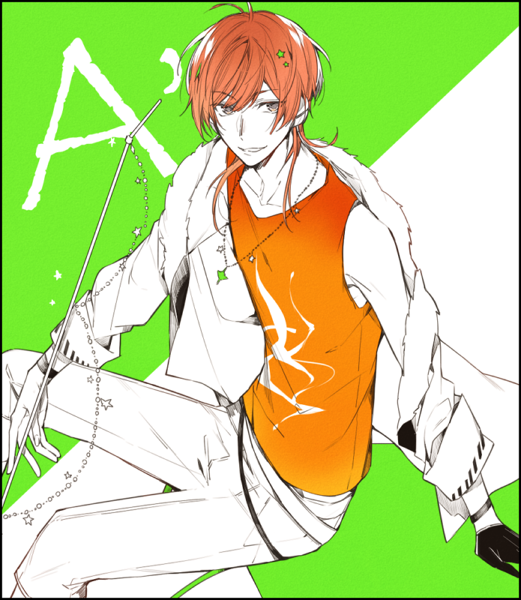 1boy 5574iahu a_(dear_vocalist) black_gloves character_name dear_vocalist gloves green_background jacket long_sleeves male_focus medium_hair multicolored_background open_mouth orange_hair orange_tank_top pants sketch smile solo tank_top teeth violet_eyes white_background white_jacket white_pants
