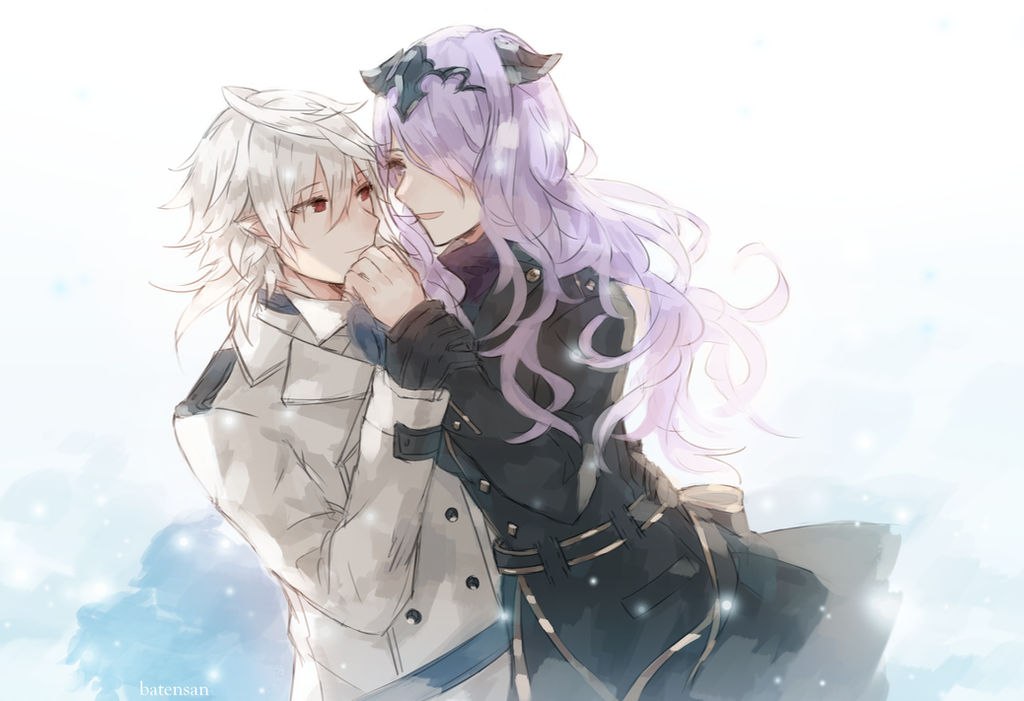 1boy 1girl batensan camilla_(fire_emblem) coat corrin_(fire_emblem) corrin_(male)_(fire_emblem) fire_emblem fire_emblem_fates fire_emblem_heroes hair_over_one_eye holding_hands light_purple_hair light_smile red_eyes smile snowing tiara winter winter_clothes winter_coat