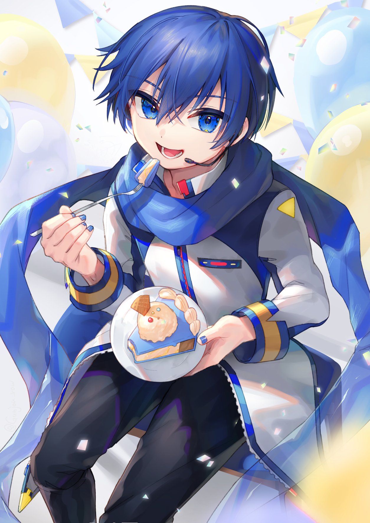 1boy balloon bangs black_pants blue_eyes blue_hair blue_nails blue_scarf cake cake_slice chair commentary_request confetti fingernails floor food fork gunjou_row hair_between_eyes highres holding holding_fork holding_plate jacket kaito_(vocaloid) long_sleeves male_focus mandarin_collar open_mouth pants plate scarf short_hair simple_background sitting smile solo teeth throat_microphone tongue vocaloid wall white_background white_jacket