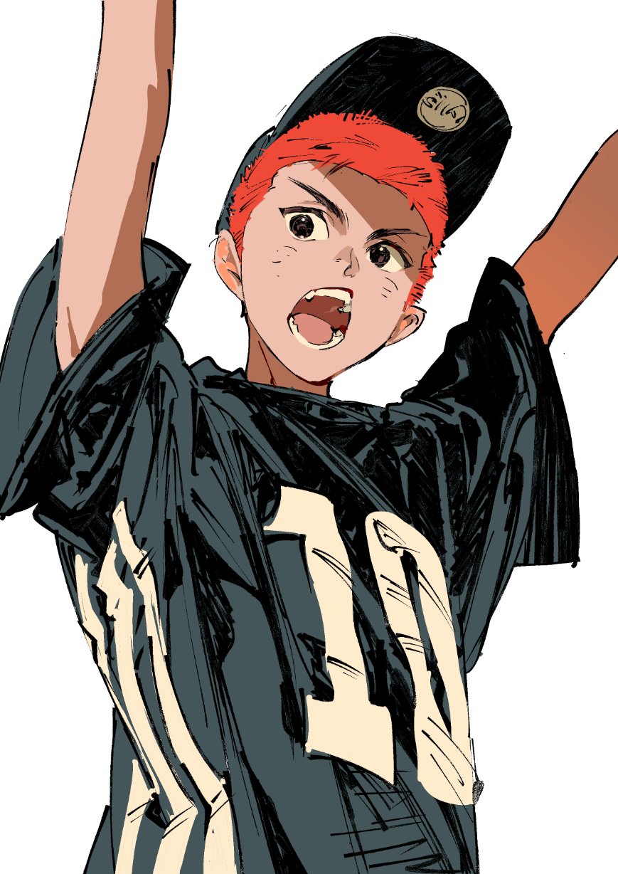 1boy age_regression aged_down arms_up atie1225 bangs baseball_cap black_headwear black_shirt clothes_writing commentary from_below hat highres looking_at_viewer male_focus open_mouth oversized_clothes redhead sakuragi_hanamichi shirt short_hair short_sleeves simple_background slam_dunk_(series) solo white_background