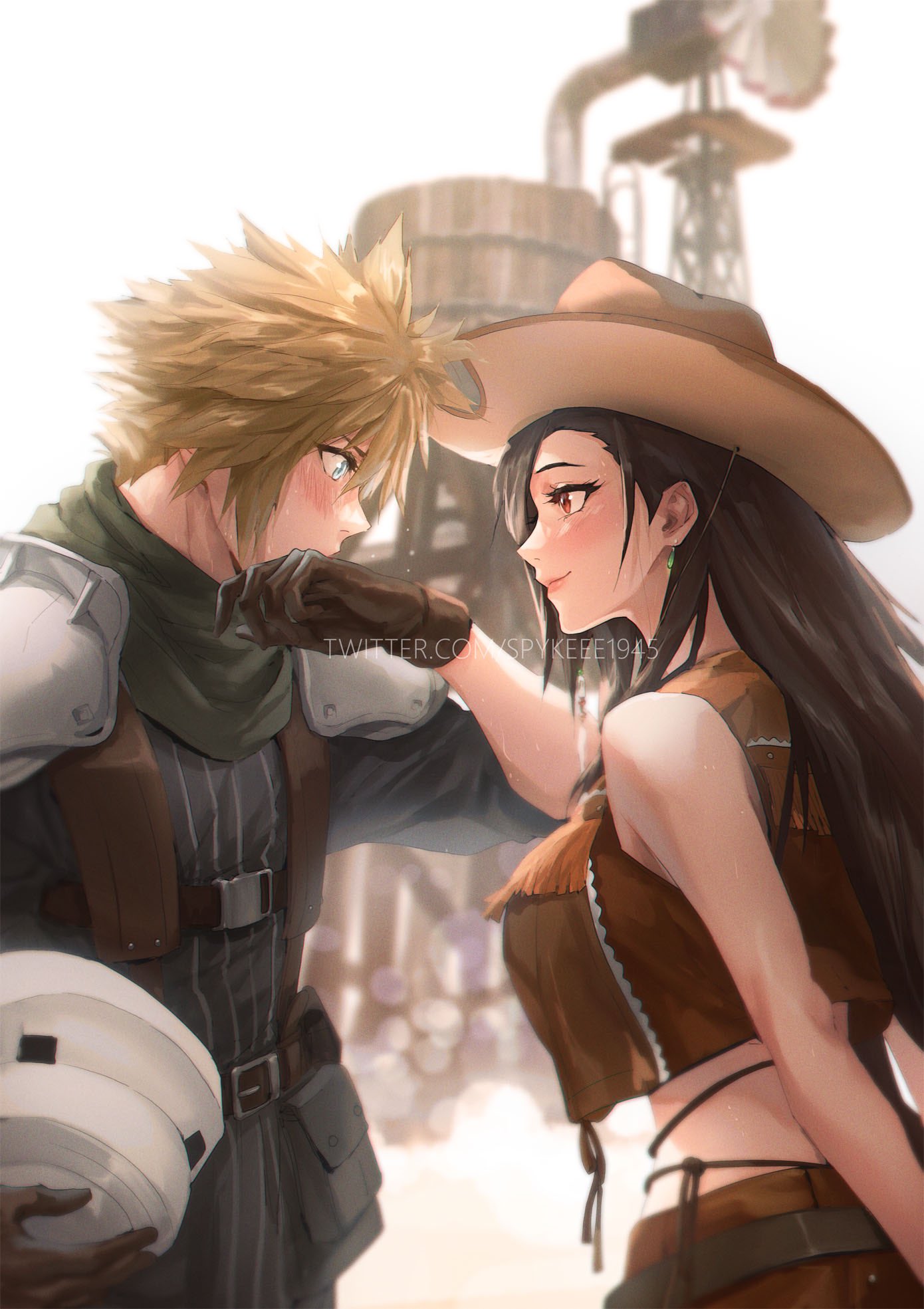 1boy 1girl armor bare_shoulders belt_buckle black_hair blonde_hair blue_eyes blurry blurry_background blush breasts brown_gloves brown_headwear brown_skirt brown_vest buckle cloud_strife cowboy_hat crisis_core_final_fantasy_vii earrings embarrassed english_commentary eyelashes final_fantasy final_fantasy_vii final_fantasy_vii_remake from_side gloves hat headwear_removed helmet helmet_removed highres holding jewelry large_breasts long_hair looking_at_another outdoors red_eyes scarf shinra_infantry_uniform shoulder_armor single_earring skirt smile spiky_hair spykeee sweatdrop tifa_lockhart twitter_username vest water_tank water_tower watermark