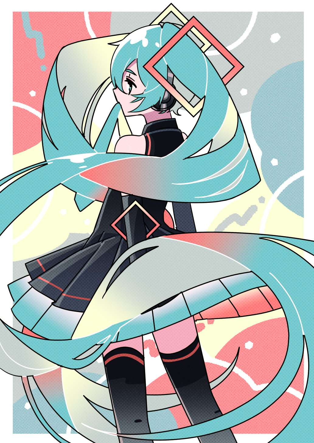 1girl abstract_background absurdly_long_hair alternate_costume aqua_eyes aqua_hair aqua_necktie bangs black_dress black_sleeves black_thighhighs border collared_dress commentary_request contrapposto detached_sleeves dress feet_out_of_frame floating_hair from_behind halftone hatsune_miku headphones highres long_bangs long_hair looking_away looking_to_the_side mouth_hold multicolored_background necktie necktie_in_mouth outside_border pleated_dress profile short_dress sleeveless sleeveless_dress solo standing thigh-highs twintails very_long_hair vocaloid white_border wokichi zettai_ryouiki