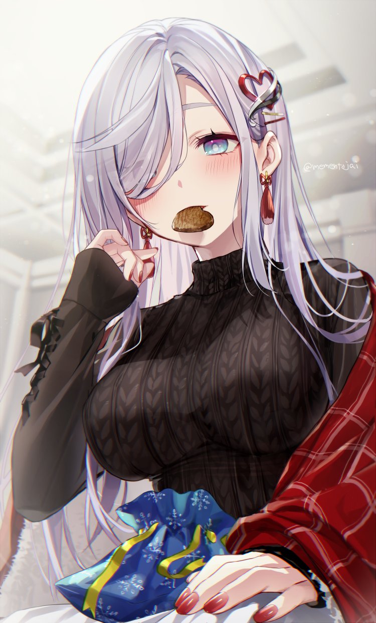 1girl bangs black_sweater blush breasts chocolate commentary earrings food_in_mouth genshin_impact gift gradient_eyes hair_ornament heart heart_hair_ornament highres jewelry large_breasts long_hair memeno multicolored_eyes nail_polish one_eye_covered red_eyes shenhe_(genshin_impact) sidelocks sleeves_past_wrists solo sweater tassel tassel_earrings turtleneck turtleneck_sweater twitter_username valentine white_hair