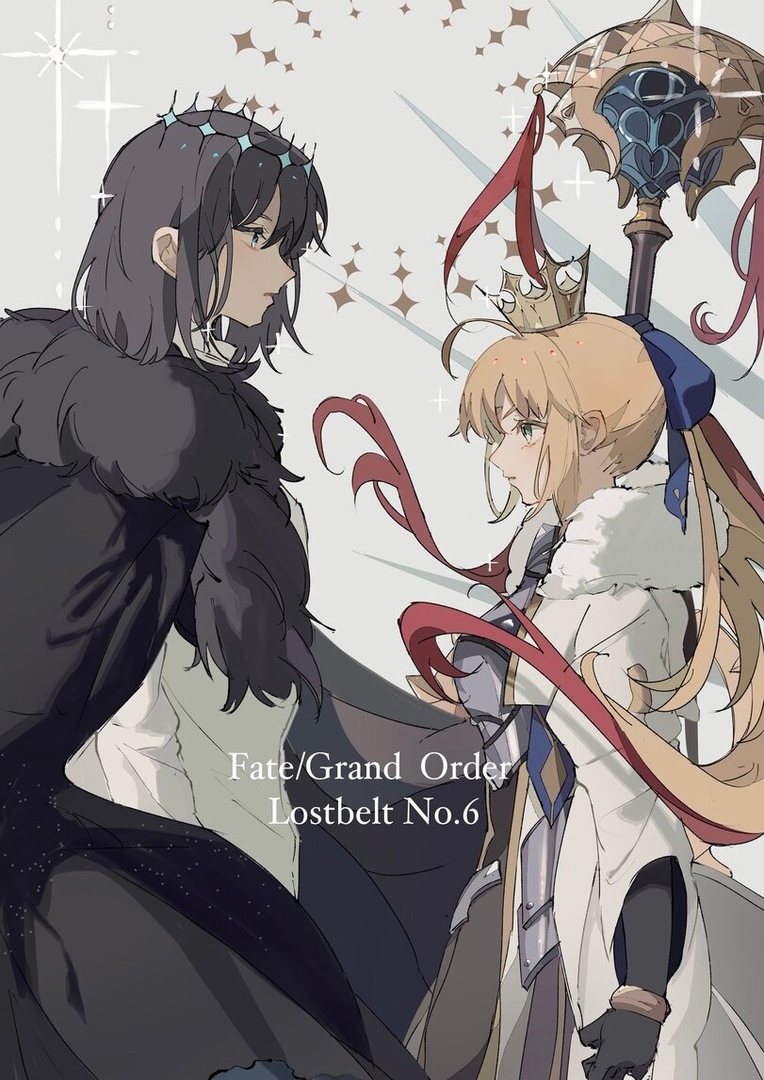 armor armored_dress artoria_caster_(fate) artoria_caster_(third_ascension)_(fate) artoria_pendragon_(fate) black_cloak black_fur black_gloves black_hair blonde_hair blue_eyes blush bow bracelet cloak crown dress elbow_gloves fate/grand_order fate_(series) fur_trim gloves gold hair_bow jewelry long_hair non-web_source note_nii oberon_(fate) ornament red_ribbon rhombus ribbon shirt short_hair twintails white_background white_dress white_shirt