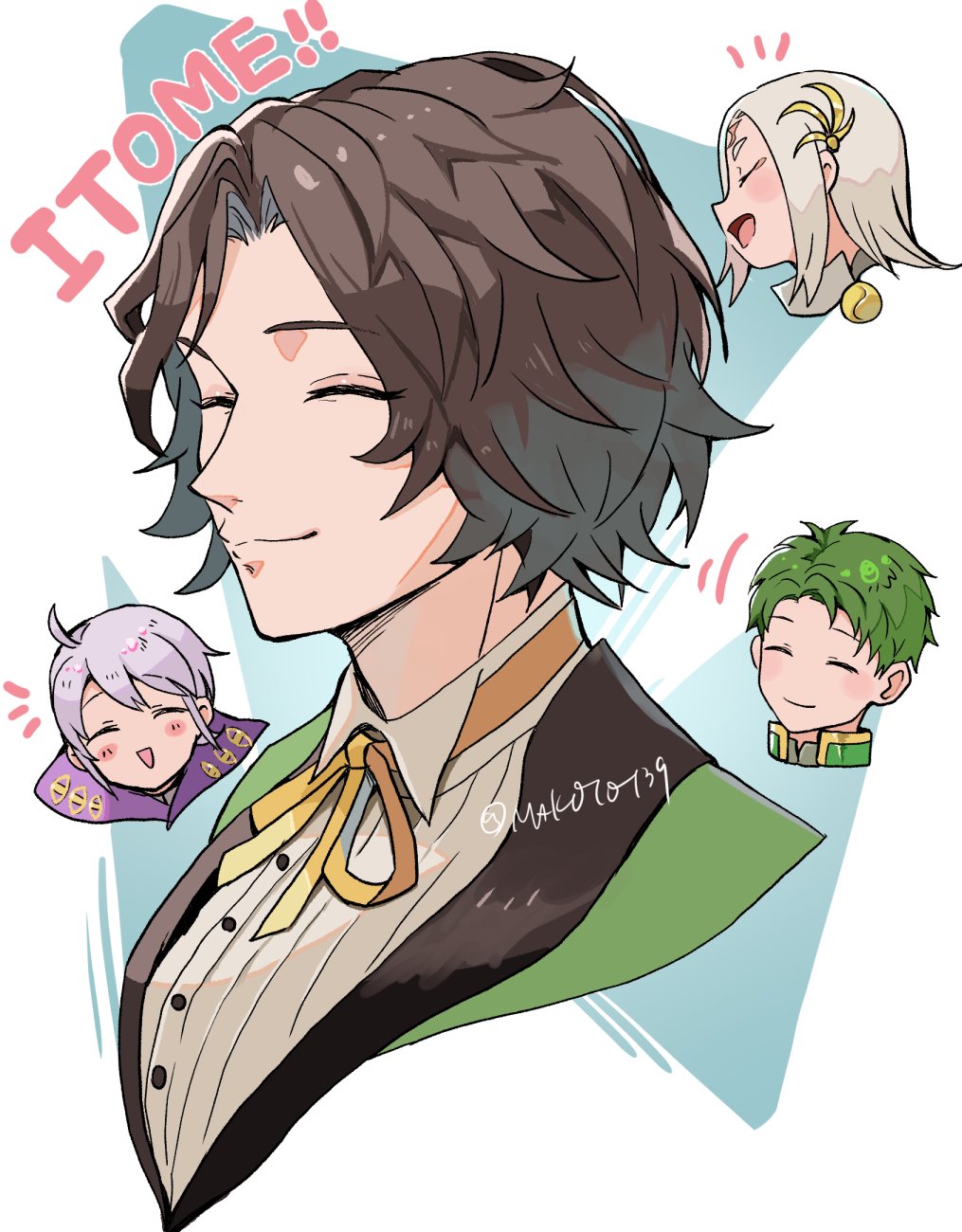 4boys :d ^_^ ahoge black_hair closed_eyes closed_mouth eyes_of_grima fire_emblem fire_emblem:_path_of_radiance fire_emblem_awakening fire_emblem_engage fire_emblem_fates green_hair grey_hair hair_intakes hair_ornament henry_(fire_emblem) highres izana_(fire_emblem) louis_(fire_emblem) makoto_139 motion_lines multiple_boys mystical_high_collar neck_ribbon open_mouth oscar_(fire_emblem) ribbon short_hair sideways_mouth smile yellow_ribbon