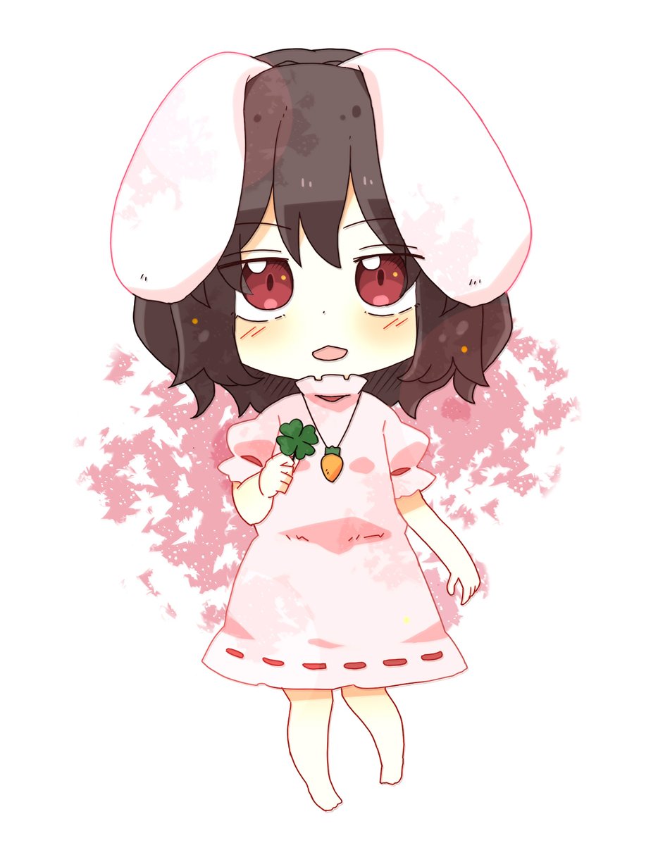 1girl animal_ears barefoot blush brown_hair carrot_necklace chibi clover commentary_request dress four-leaf_clover full_body highres holding inaba_tewi jewelry looking_at_viewer necklace open_mouth pink_dress puffy_short_sleeves puffy_sleeves rabbit_ears red_eyes ribbon-trimmed_dress ribbon-trimmed_sleeves ribbon_trim short_sleeves solo totoharu_(kujirai_minato) touhou