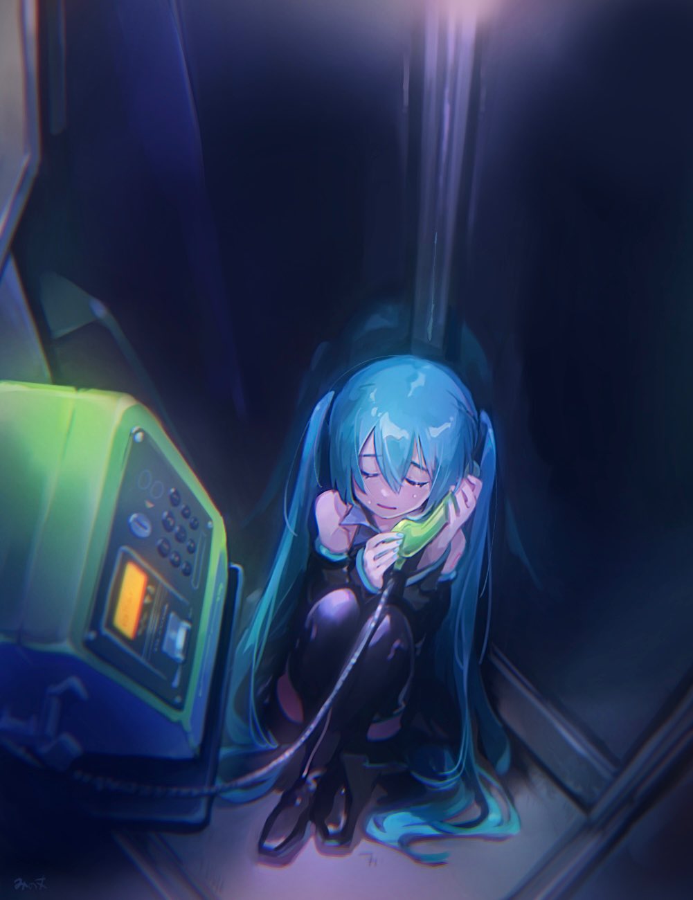 1girl blue_hair blue_nails closed_eyes collared_shirt crossed_ankles crying detached_sleeves dim_lighting from_above hatsune_miku highres knees_to_chest long_hair mi_no_take nail_polish payphone phone phone_booth shirt sitting skirt solo talking_on_phone thigh-highs twintails very_long_hair vocaloid