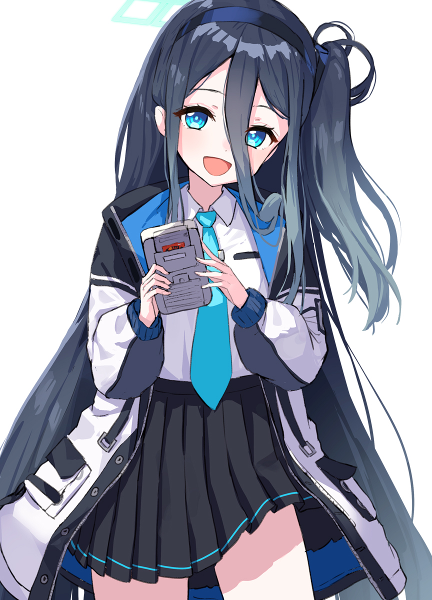 1girl :d absurdly_long_hair aris_(blue_archive) bangs black_hair blue_archive blue_eyes collared_shirt commentary_request game_boy hair_between_eyes hair_ornament hairband halo handheld_game_console highres holding holding_handheld_game_console jacket long_hair long_sleeves looking_at_viewer necktie one_side_up pensuke pleated_skirt pocket school_uniform shirt sidelocks simple_background skirt smile solo very_long_hair white_background