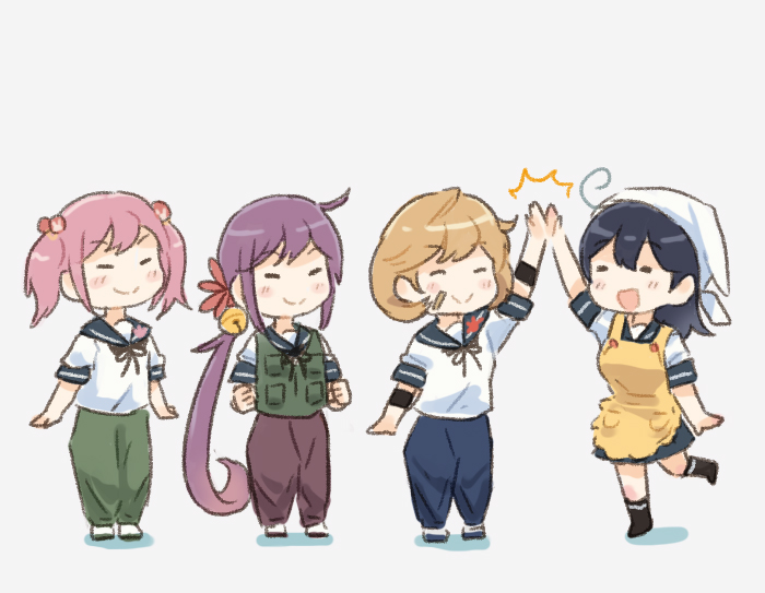 4girls adapted_costume akebono_(kancolle) apron bandaid bandaid_on_face bandana bell blue_pants blue_sailor_collar blue_skirt closed_eyes commentary_request flower green_pants green_vest hair_bell hair_bobbles hair_flower hair_ornament hakama hakama_pants high_five japanese_clothes jingle_bell kantai_collection long_hair monpe multiple_girls oboro_(kancolle) orange_hair pants pink_hair pleated_skirt purple_hair purple_pants saiguchi_otoufu sailor_collar sazanami_(kancolle) school_uniform serafuku short_hair short_sleeves side_ponytail simple_background skirt twintails ushio_(kancolle) very_long_hair vest white_background yellow_apron