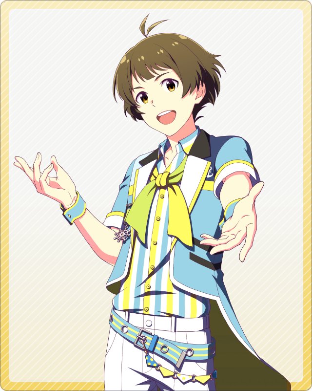 1boy akizuki_ryou bangs belt brown_eyes brown_hair buttons collared_shirt fingernails idolmaster idolmaster_side-m idolmaster_side-m_growing_stars male_focus official_art open_mouth outstretched_hand palms shirt simple_background smile solo
