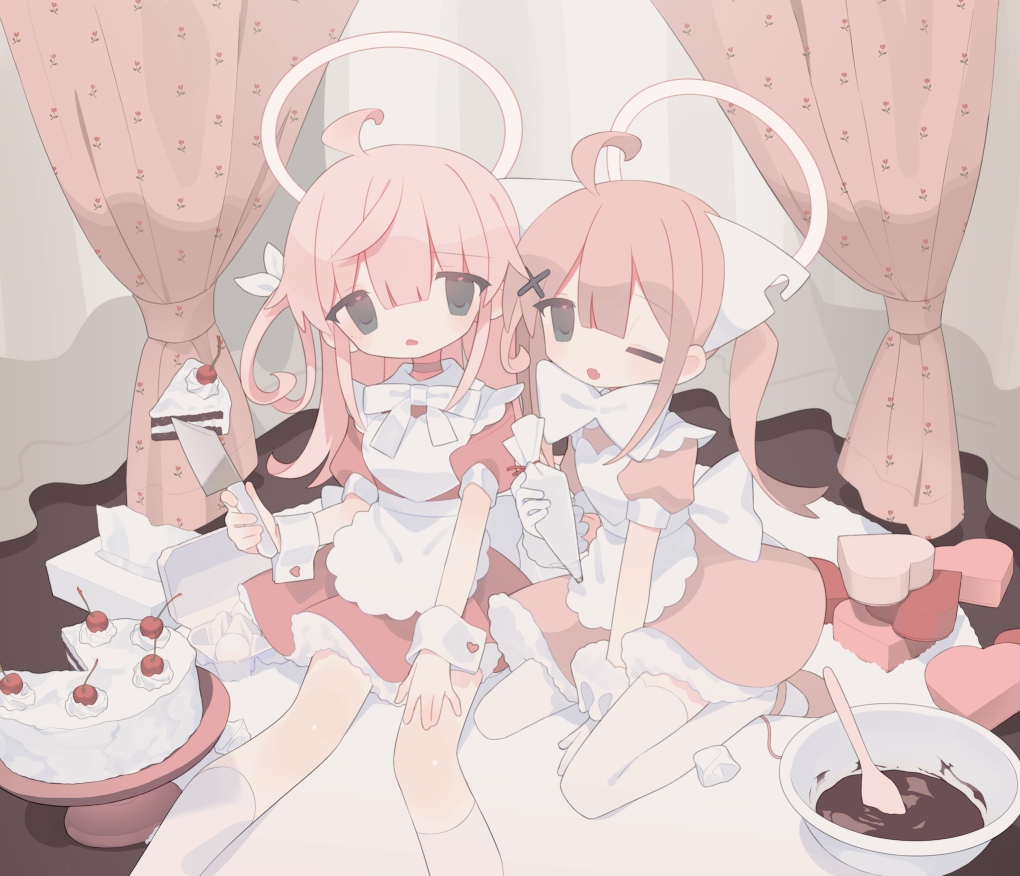 2girls ahoge apron bangs bow bowtie cake cake_slice chocolate commentary curly_hair curtains daizu_(melon-lemon) dress empty_eyes feet_out_of_frame food frilled_apron frills full_body gloves grey_eyes hair_bow hair_ornament halo heart holding holding_knife indoors jitome kerchief kneehighs knife long_hair mixing_bowl multiple_girls original pastry_bag pink_dress pink_footwear pink_hair puffy_short_sleeves puffy_sleeves short_sleeves sidelocks sitting socks thigh-highs tissue_box tray two_side_up wariza white_apron white_bow white_bowtie white_gloves white_socks white_thighhighs white_wrist_cuffs wooden_spoon wrist_cuffs x_hair_ornament