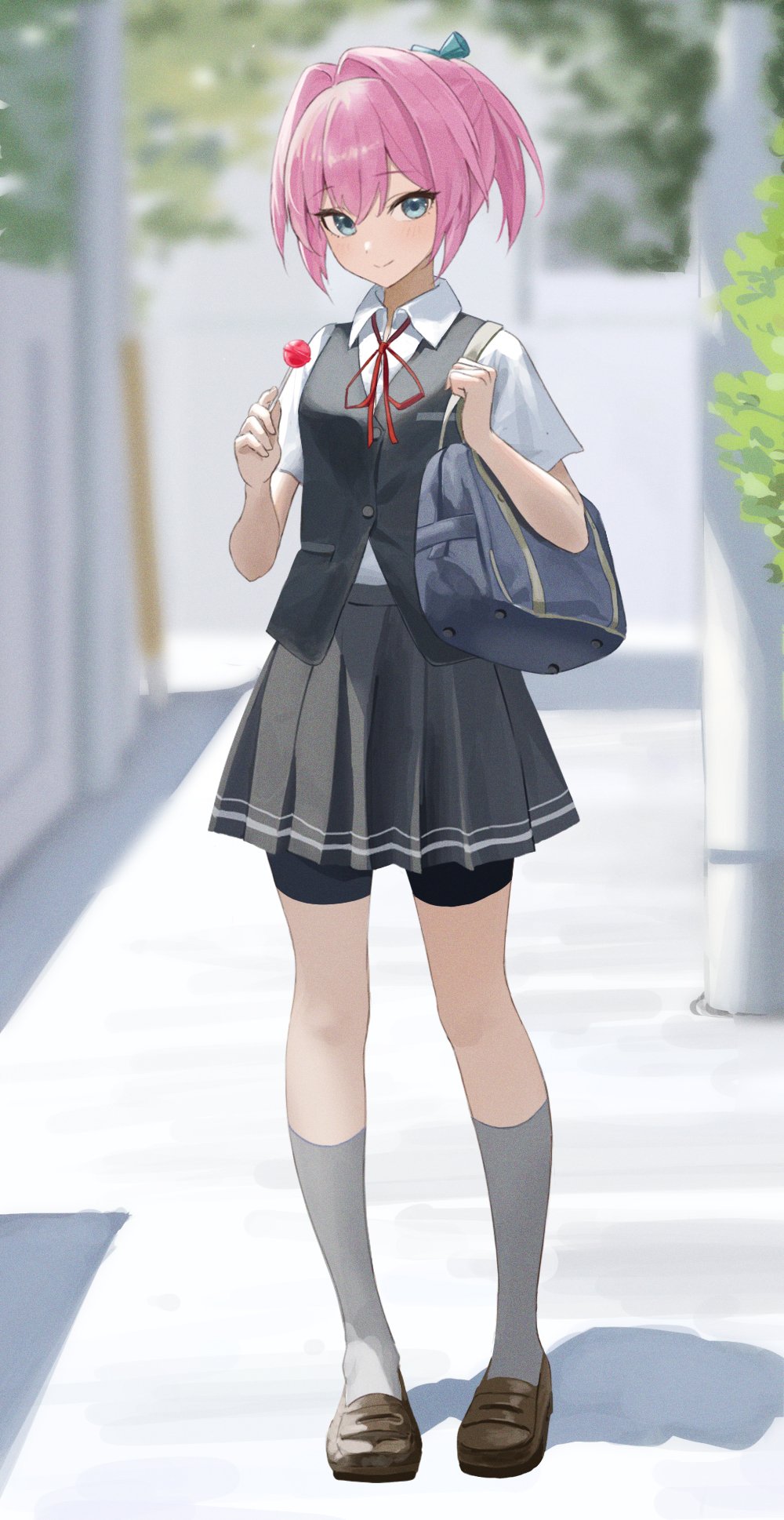 1girl bag bangs bike_shorts_under_skirt black_shorts blue_eyes blurry blurry_background blush brown_footwear candy closed_mouth collared_shirt commission day food full_body grey_skirt grey_vest hair_between_eyes highres holding holding_candy holding_food holding_lollipop hoshinopurin kantai_collection lollipop neck_ribbon pink_hair pleated_skirt ponytail red_ribbon ribbon school_bag shadow shiranui_(kancolle) shirt shoes short_hair short_sleeves shorts skeb_commission skirt smile socks solo standing vest white_shirt white_socks