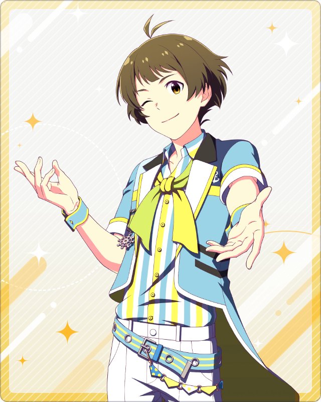 1boy akizuki_ryou bangs belt brown_eyes brown_hair buttons collared_shirt fingernails idolmaster idolmaster_side-m idolmaster_side-m_growing_stars looking_at_viewer male_focus official_art one_eye_closed outstretched_hand palms shirt short_sleeves simple_background smile solo
