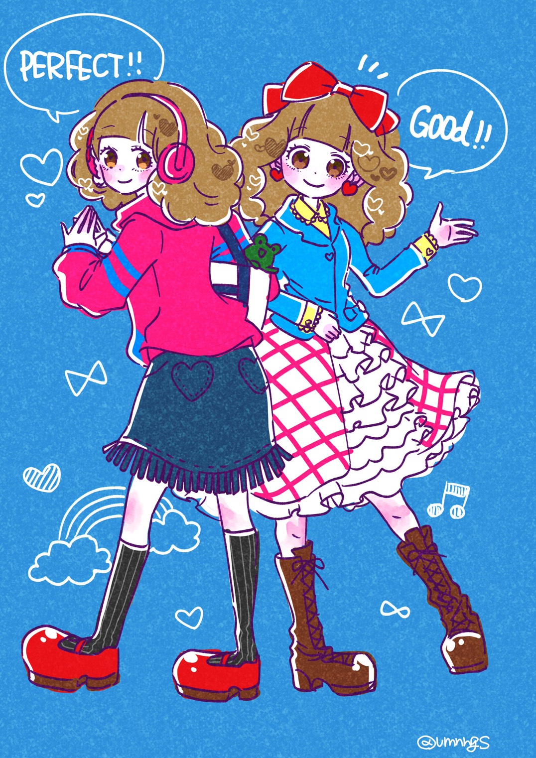 bangs blue_background blue_jacket blush boots bow brown_eyes brown_footwear denim denim_skirt earrings english_text frilled_skirt frills headphones heart heart_earrings highres jacket jewelry mary_janes multiple_persona musical_note pink_headphones pop'n_music rainbow red_bow red_footwear rie-chan shirt shoes signature skirt smile socks speech_bubble striped striped_socks stuffed_animal stuffed_frog stuffed_toy uminonagisa vertical-striped_socks vertical_stripes yellow_shirt