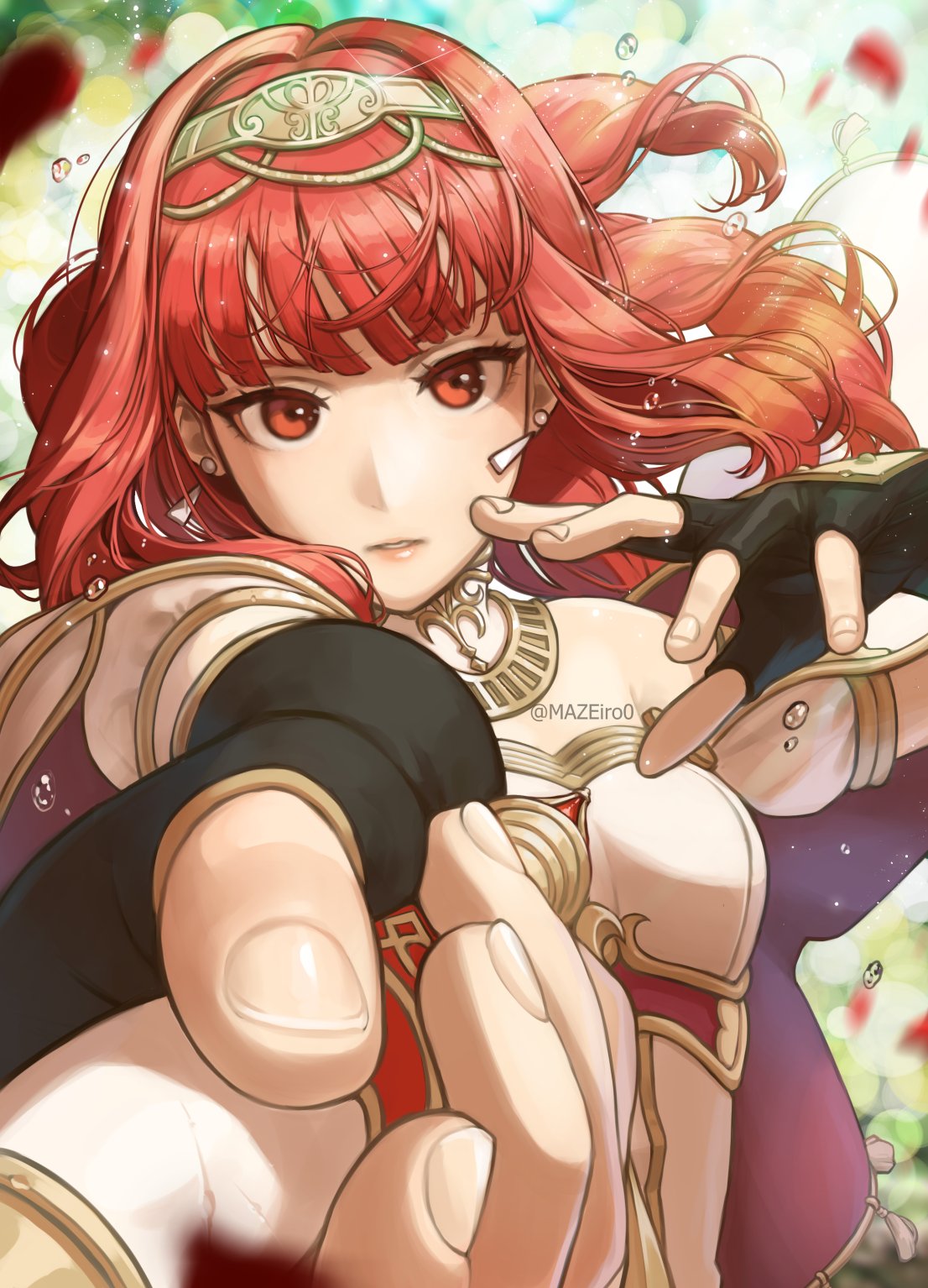 1girl armor armored_dress bangs black_gloves blood breastplate cape celica_(fire_emblem) commentary dress earrings english_commentary fingerless_gloves fingernails fire_emblem fire_emblem_echoes:_shadows_of_valentia floating_hair gloves highres holding holding_weapon jewelry lips long_hair looking_at_viewer maze_draws orange_eyes orange_hair parted_lips pink_lips pov reaching_towards_viewer solo twitter_username weapon white_dress