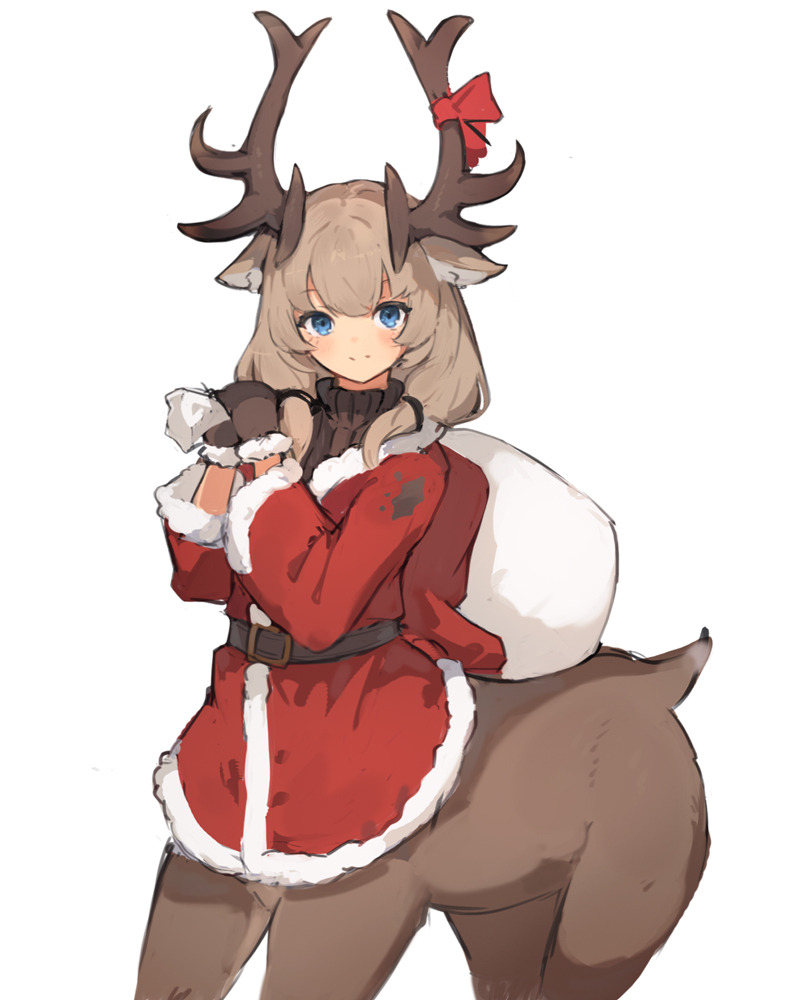 1girl animal_ears antlers belt blue_eyes blush brown_gloves carrying_over_shoulder centaur cowboy_shot dirty dirty_clothes gloves lansane original red_ribbon reindeer_antlers reindeer_girl ribbon sack santa_costume short_hair simple_background smile solo sweater taur turtleneck turtleneck_sweater white_background