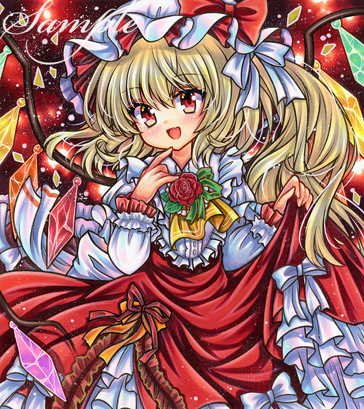 1girl adapted_costume ascot back_bow blonde_hair blush bow buttons center_frills collared_shirt crystal dark_background fang flandre_scarlet flower frilled_shirt frilled_shirt_collar frilled_sleeves frills hair_between_eyes hat hat_bow hat_ribbon head_tilt juliet_sleeves layered_skirt long_hair long_skirt long_sleeves looking_at_viewer marker_(medium) mob_cap multicolored_wings one_side_up open_mouth puffy_sleeves red_background red_bow red_eyes red_flower red_ribbon red_rose red_skirt ribbon rose rui_(sugar3) sample_watermark shirt skirt skirt_hold solo touhou traditional_media white_bow white_headwear white_shirt wings yellow_ascot