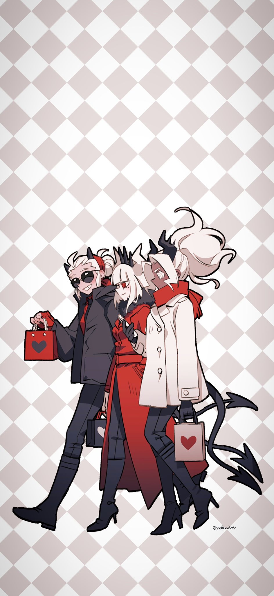 3girls bag black_gloves black_horns black_pants black_tail boots cellphone checkered_background coat colored_skin commentary dark-skinned_female dark_skin demon_girl demon_horns demon_tail english_commentary fingerless_gloves fur-trimmed_coat fur_trim gloves grey_skin hairband hand_in_pocket heart heart_print helltaker high_heel_boots high_heels highres holding holding_bag holding_phone horns judgement_(helltaker) justice_(helltaker) lucifer_(helltaker) mixed-language_commentary mole mole_under_eye multiple_girls noah_(tettsui-sole) pants phone red_coat red_eyes red_gloves red_shirt scarf shirt smartphone smile spiked_horns sunglasses tail twitter_username valentine walking white_eyes white_hair white_horns