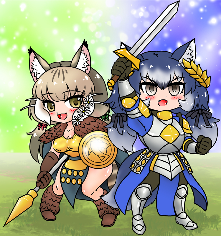 2girls animal_ears armor blue_hair cat_ears cat_girl cat_tail dire_wolf_(kemono_friends) edamamezooooo extra_ears green_eyes grey_eyes grey_hair hair_ornament jungle_cat_(kemono_friends) kemono_friends kemono_friends_v_project lance long_hair multiple_girls open_mouth parody polearm ribbon rise_of_kingdoms shield simple_background sword tail twintails virtual_youtuber weapon wolf_ears wolf_girl wolf_tail