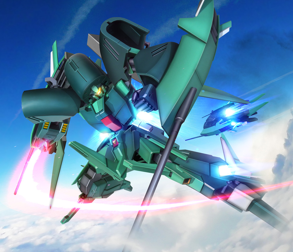 3d anksha arm_cannon beam_saber clouds earth_federation energy energy_cannon flying glowing gundam gundam_unicorn hiropon_(tasogare_no_puu) looking_at_viewer machinery mecha mobile_suit no_humans realistic robot science_fiction thrusters weapon
