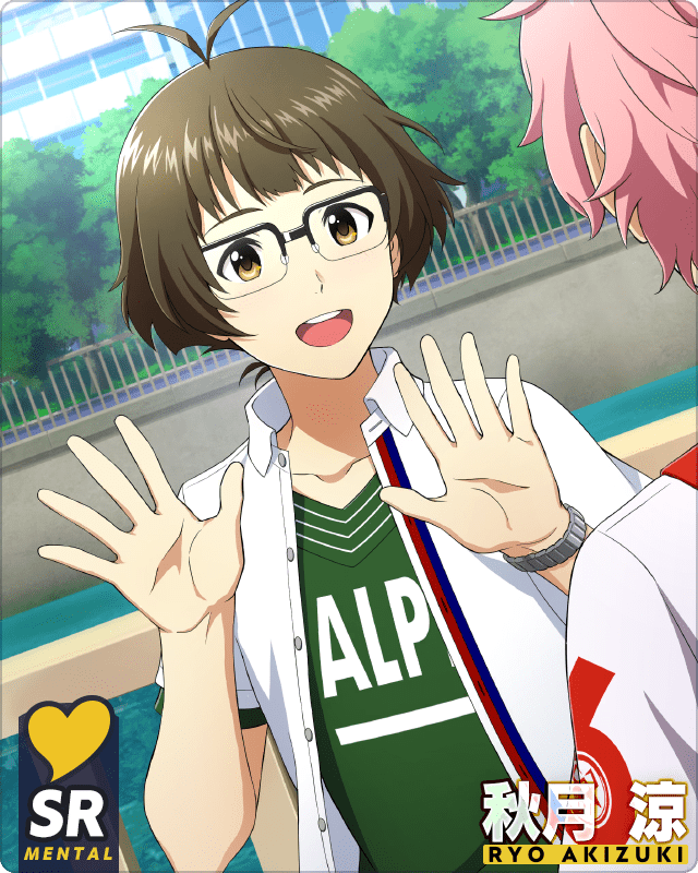 2boys akizuki_ryou bangs brown_eyes brown_hair buttons character_name collared_shirt glasses green_shirt hands_up idolmaster idolmaster_side-m idolmaster_side-m_growing_stars kabuto_daigo male_focus multiple_boys official_art open_clothes open_mouth open_shirt out_of_frame palms pink_hair print_shirt shirt short_sleeves smile teeth upper_teeth_only watch