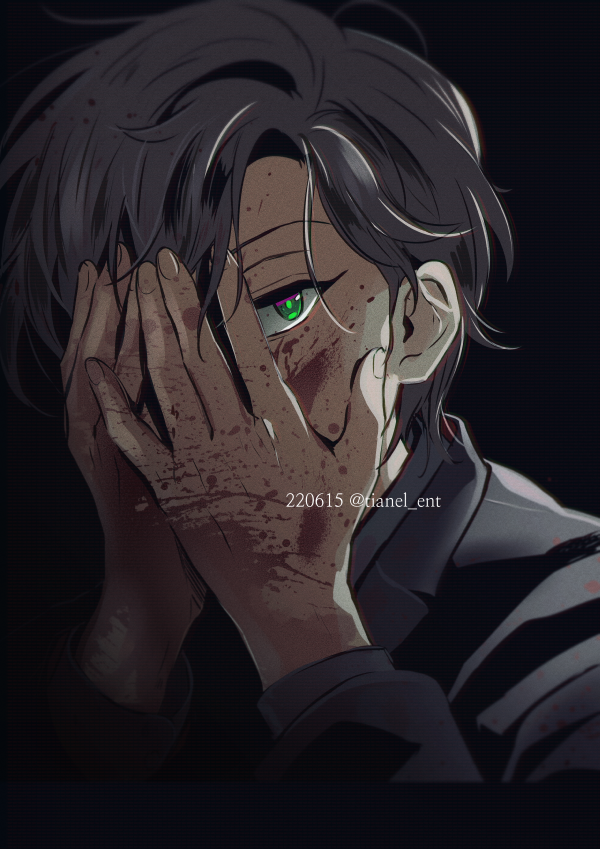 1boy black_hair black_jacket blood blood_on_face blood_on_hands commentary covering_face dated green_eyes hands_on_own_face hypnosis_mic iruma_jyuto jacket male_focus no_eyewear portrait solo tianel_ent twitter_username