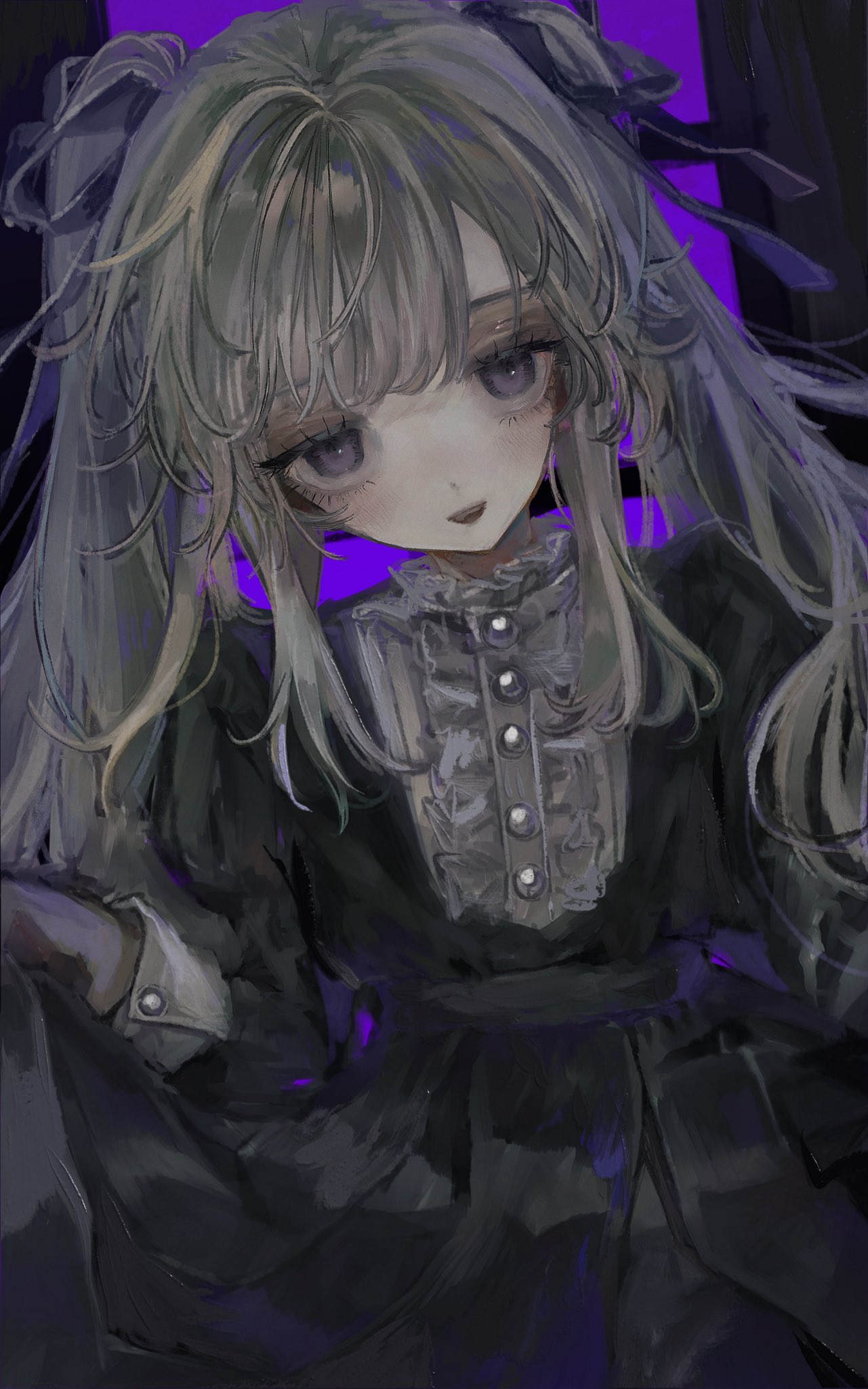 1girl black_background black_dress black_eyes black_ribbon dress gothic_lolita hair_ribbon highres light_brown_hair lolita_fashion long_hair long_sleeves looking_at_viewer multicolored_background open_mouth original purple_background ribbon smile solo touoo twintails