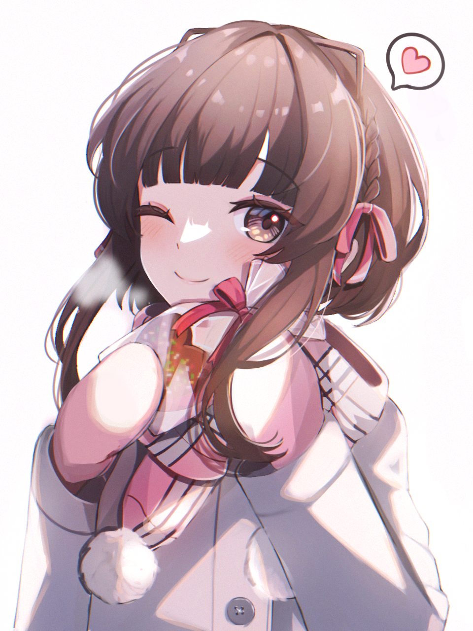 1girl blush brown_eyes brown_hair buttons candy chocolate closed_mouth coat food heart heart-shaped_chocolate highres kantai_collection long_sleeves mittens official_alternate_costume one_eye_closed pink_mittens pink_scarf pom_pom_(clothes) ranran_3939 scarf short_hair_with_long_locks sidelocks simple_background smile solo spoken_heart ukuru_(kancolle) upper_body white_background white_coat