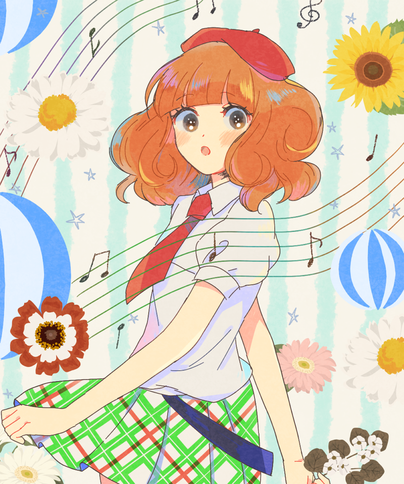 1girl beret blush brown_eyes brown_hair daisy eighth_note eyelashes flower hat holding holding_flower musical_note necktie open_mouth pikara pink_flower plaid plaid_skirt pop'n_music quarter_note red_headwear red_necktie rie-chan shirt short_sleeves skirt solo staff_(music) sunflower treble_clef white_flower white_shirt wind wind_lift yellow_flower