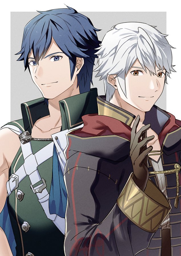 2boys ameno_(a_meno0) bangs black_gloves black_robe blue_eyes blue_hair brown_eyes chrom_(fire_emblem) closed_mouth collarbone collared_shirt fire_emblem fire_emblem_awakening gloves gold_trim green_shirt grey_shirt hair_between_eyes hood hood_down hooded_robe long_sleeves male_focus multiple_boys ribbed_shirt robe robin_(fire_emblem) robin_(male)_(fire_emblem) shirt short_hair sleeveless smile white_hair