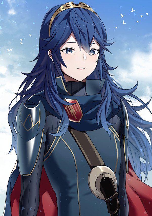 1girl ameno_(a_meno0) animal armor bangs bird black_sweater blue_cape blue_eyes blue_hair blue_sky cape clouds fire_emblem fire_emblem_awakening hair_between_eyes long_hair long_sleeves looking_away lucina_(fire_emblem) outdoors red_cape ribbed_sweater shoulder_armor sky smile sweater tiara turtleneck turtleneck_sweater two-tone_cape