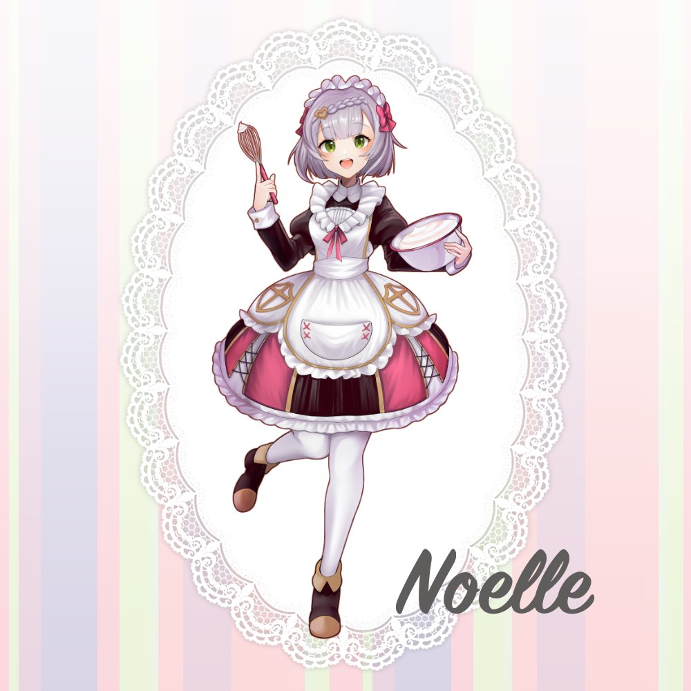 1girl :d alternate_costume apron bangs blunt_bangs bowl braid character_name commentary_request dual_wielding full_body genshin_impact green_eyes grey_hair hair_ornament holding holding_bowl holding_whisk lolita_fashion long_sleeves looking_at_viewer maid maid_apron maid_headdress nichio_rita noelle_(genshin_impact) pocket short_hair sidelocks simple_background single_braid smile solo standing standing_on_one_leg valentine whipped_cream whisk