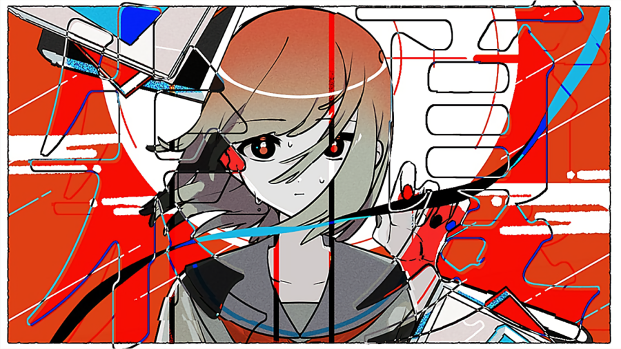 1girl bangs black_eyes book book_stack border commentary egasumi expressionless floating_hair gradient_hair grey_hair grey_sailor_collar grey_shirt hair_over_one_eye hand_up looking_at_viewer medium_hair multicolored_hair nail_polish neckerchief nekomura_iroha red_background red_neckerchief redhead sailor_collar sailor_shirt school_uniform serafuku shirt solo straight-on sweat upper_body vocaloid white_border wind wokichi