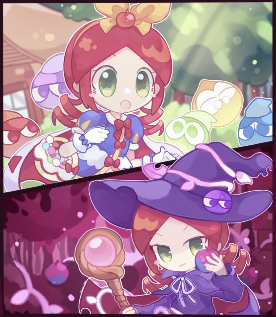 1girl 1other alternate_costume andou_ringo apple apple_hair_ornament apple_poison basket blue_dress blush chibi cinderella cosplay dress drill_hair flower food food-themed_hair_ornament fruit green_eyes hair_ornament hat holding holding_basket holding_food holding_fruit holding_staff puyo_(puyopuyo) puyopuyo puyopuyo_quest red_apple redhead ribbon staff user_hguh3744 witch_hat yellow_ribbon