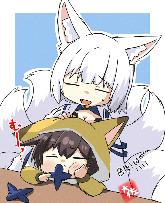 2girls :&lt; :d ^_^ ^o^ alternate_costume animal_costume animal_ears arm_support azur_lane bangs black_hair blunt_bangs closed_eyes commentary_request crossover eyeshadow fox_costume fox_ears fox_girl fox_tail head_rest headpat japanese_clothes kaga_(azur_lane) kaga_(kancolle) kantai_collection kyuubi long_hair long_sleeves looking_at_another looking_at_viewer makeup multiple_girls multiple_tails name_connection pout short_hair sidelocks signature simple_background smile sweatdrop table tail taisa_(kari) translation_request twitter_username white_hair wide_sleeves