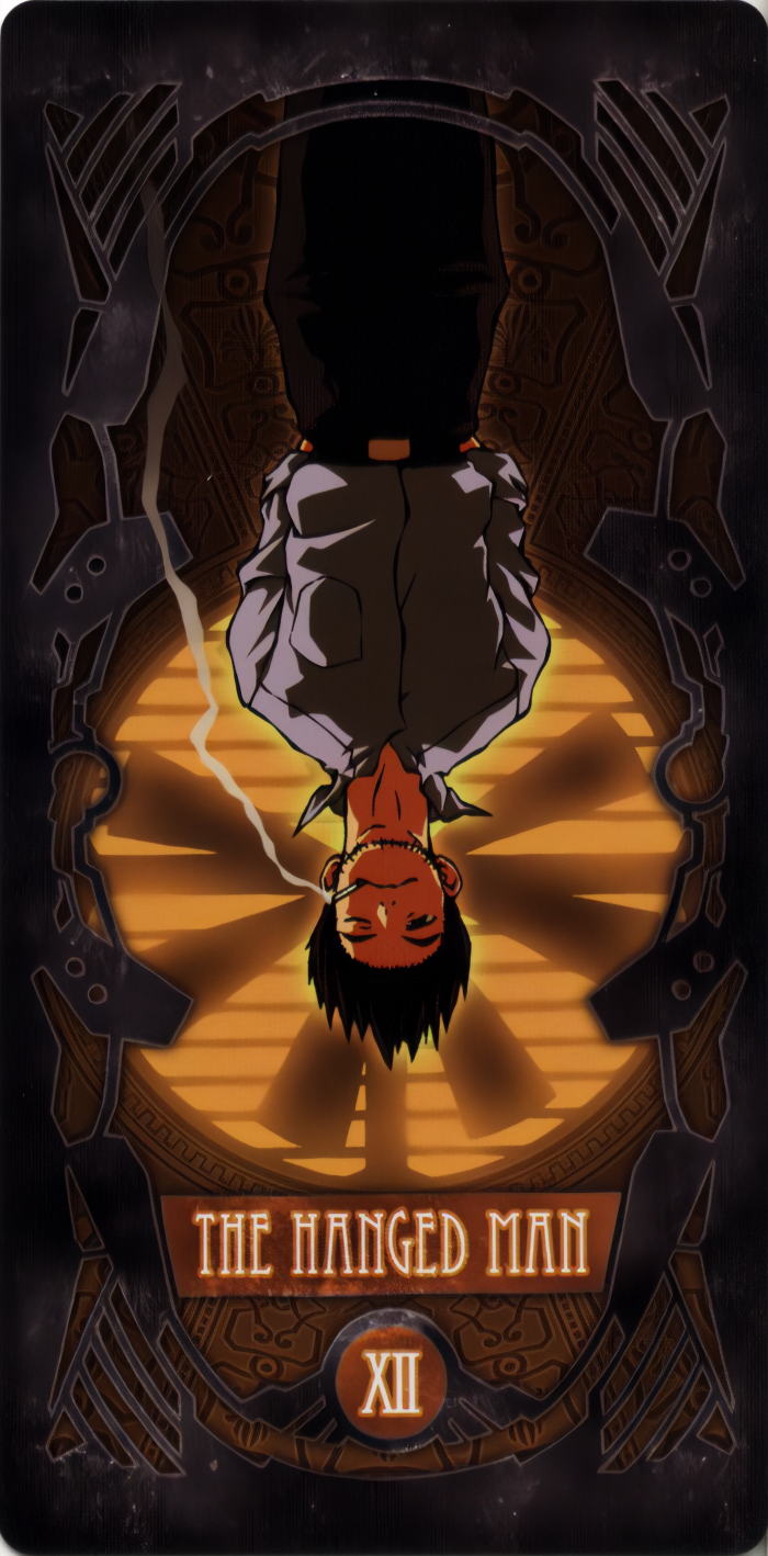 1boy belt belt_buckle brown_eyes brown_hair buckle card cigarette collar glowing hanging highres kaji_ryouji neon_genesis_evangelion non-web_source one_eye_closed pants smoke smoking tarot the_hanged_man_(tarot)