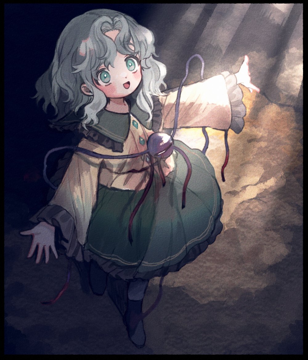 1girl :d black_border black_footwear blood blouse blush boots border bright_pupils buttons commentary diamond_button frilled_shirt_collar frilled_skirt frilled_sleeves frills full_body green_eyes green_hair green_skirt komeiji_koishi light_rays long_sleeves looking_up medium_hair no_headwear open_mouth outstretched_arms shirt skirt smile solo third_eye touhou white_pupils wide_sleeves yellow_shirt yujup