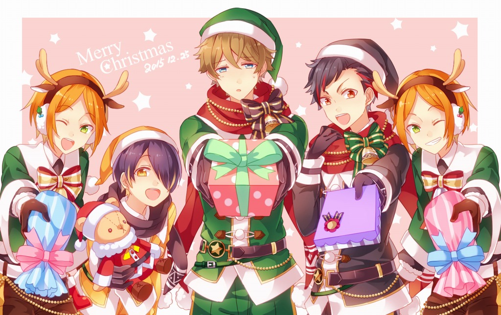 5boys :o ;d animal_ears antlers aoi_hinata aoi_yuta bangs beads bell belt black_bow black_gloves black_hair black_headwear black_jacket black_scarf blonde_hair blue_eyes border bow bowtie box brothers brown_belt brown_hair christmas commentary_request dated deer_ears earmuffs ensemble_stars! fake_animal_ears fake_antlers fur-trimmed_headwear fur_trim gift gift_box gloves green_bow green_eyes green_headwear green_jacket hair_over_one_eye hairband hand_up hat holding holding_gift jacket kina_(446964) long_sleeves looking_at_viewer male_focus merry_christmas multicolored_hair multiple_boys nagumo_tetora one_eye_closed one_eye_covered open_mouth orange_hair orange_headwear orange_jacket outside_border outstretched_arm outstretched_arms parted_bangs parted_lips pink_background pink_bow pink_ribbon pom_pom_(clothes) raised_eyebrows red_eyes red_scarf redhead reindeer_antlers ribbon santa_costume santa_hat scarf sengoku_shinobu short_hair siblings simple_background smile standing star_(symbol) streaked_hair striped striped_bow stuffed_animal stuffed_toy sweatdrop swept_bangs takamine_midori teddy_bear teeth twins upper_teeth_only v-shaped_eyebrows white_border wide_sleeves yellow_bow yellow_eyes