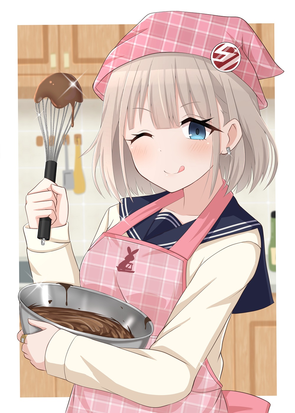 1girl ;q apron bandana bangs black_sailor_collar blue_eyes blurry blurry_background bowl closed_mouth commentary_request depth_of_field earrings frozenpile grey_hair highres holding holding_bowl holding_whisk idolmaster idolmaster_shiny_colors indoors jewelry licking_lips looking_at_viewer mixing_bowl one_eye_closed pink_apron pink_bandana sailor_collar school_uniform serafuku serizawa_asahi shirt short_hair smile solo tongue tongue_out upper_body valentine whisk white_shirt