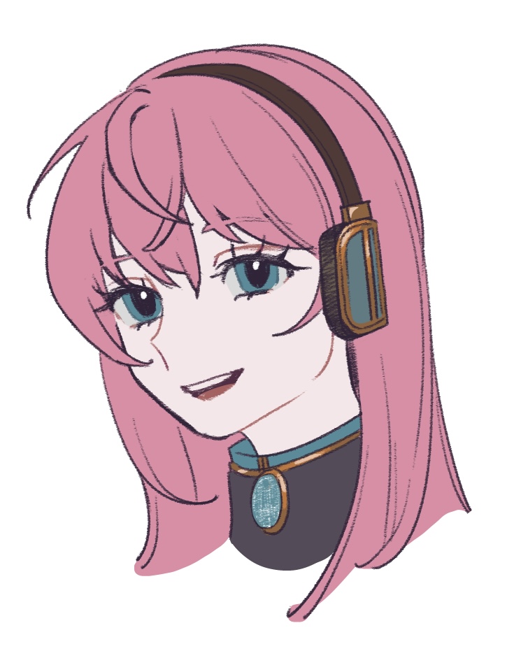 1girl amulet blue_eyes headphones kappa-bushi-16 long_hair looking_at_viewer open_mouth pink_hair simple_background smile solo teeth upper_teeth_only vocaloid white_background