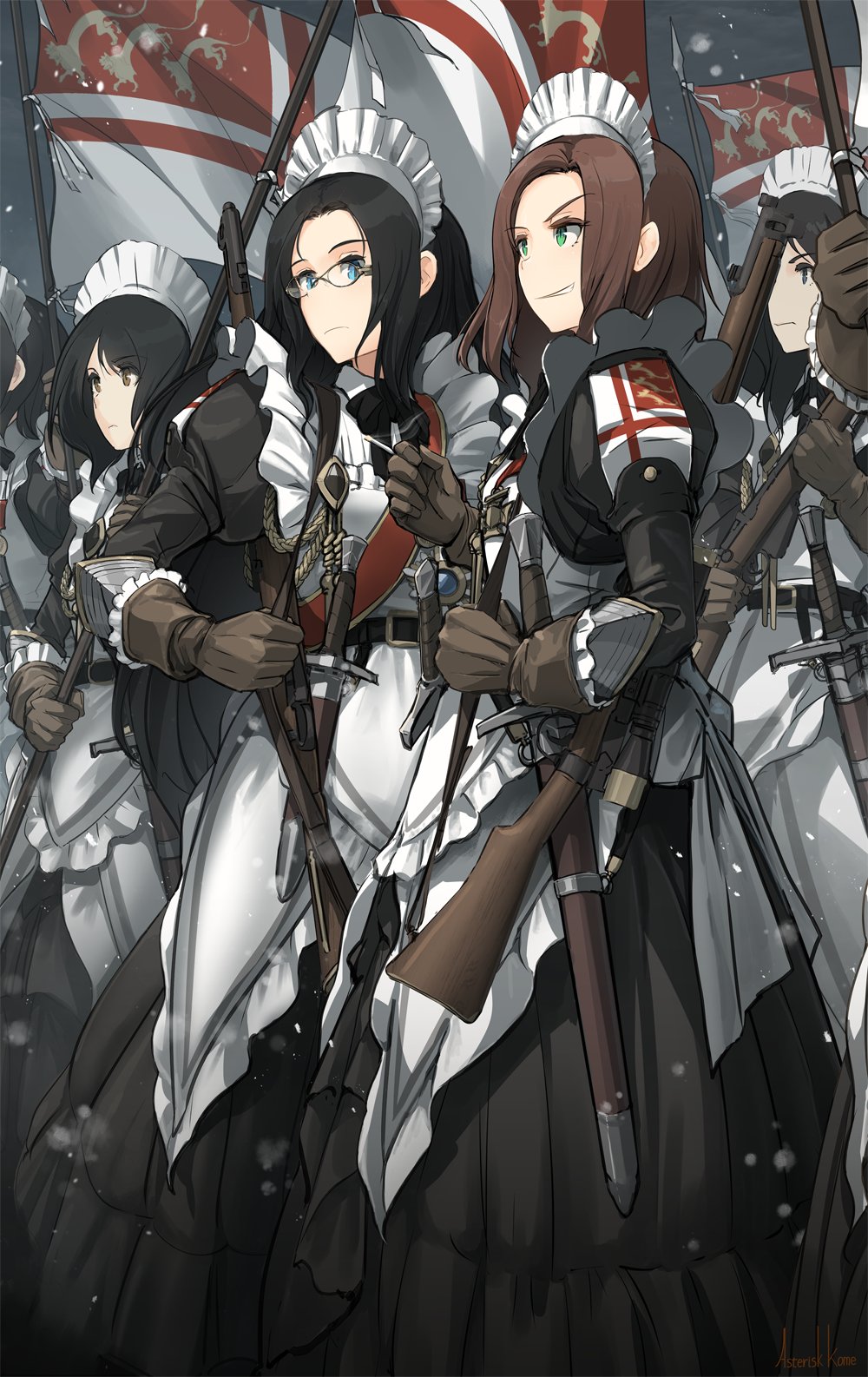 6+girls alicia_cole apron asterisk_kome black_hair blue_eyes bolt_action brown_eyes brown_gloves brown_hair commentary_request flag gina_wallace gloves green_eyes gun highres holding holding_flag holding_gun holding_weapon lee-enfield long_hair maid maid_apron maid_headdress marie_gardner medal multiple_girls original rifle sheath sheathed sword weapon