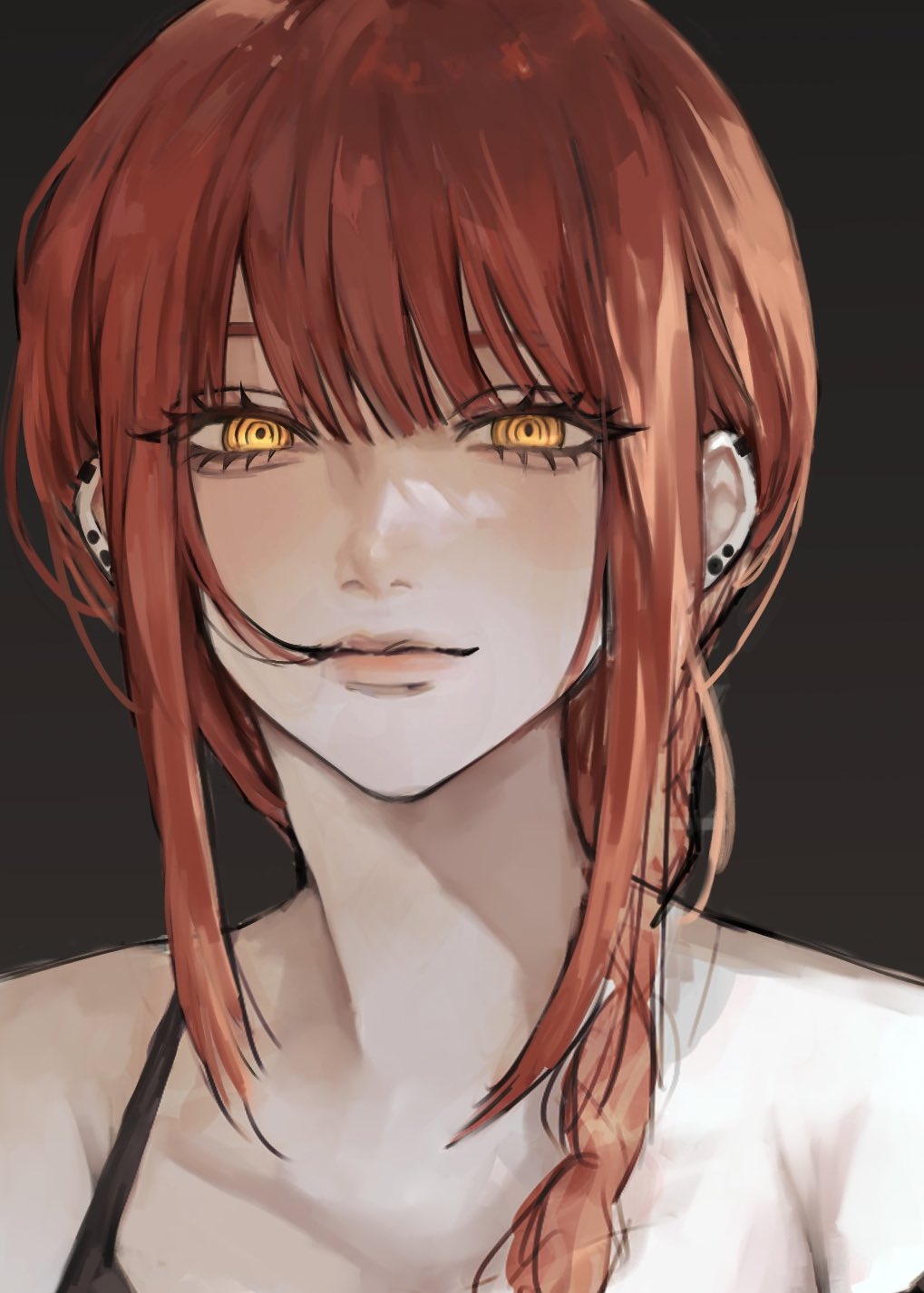 1girl bangs bare_shoulders black_background braid chainsaw_man closed_mouth dark_background ear_piercing eyelashes hair_between_eyes highres inuo_(inuo_x) long_hair looking_at_viewer makima_(chainsaw_man) multiple_piercings piercing portrait redhead side_braid sidelocks solo yellow_eyes