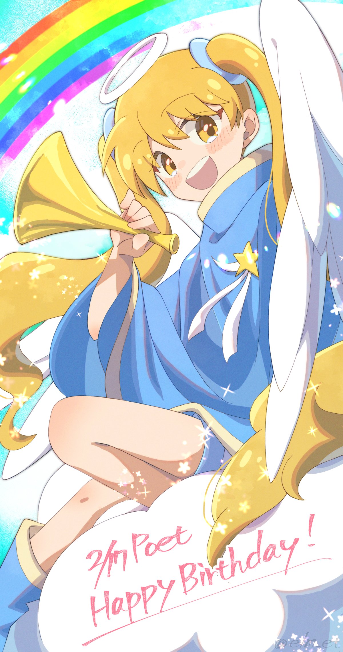 angel blonde_hair blue_robe blush character_name clouds halo happy_birthday highres holding holding_instrument horn_(instrument) instrument long_hair nanashino_(7shino_gs) open_mouth poet_(pop'n_music) pop'n_music rainbow robe shorts sitting_on_cloud star_(symbol) teeth twintails upper_teeth_only very_long_hair white_wings wings yellow_eyes